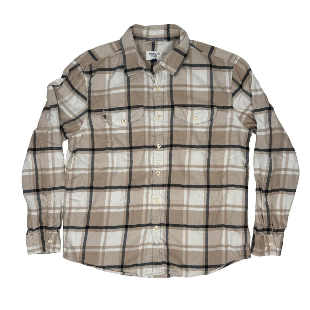 American Eagle Tan Plaid Flannel Shirt Men's Large 100% Cotton Super Soft